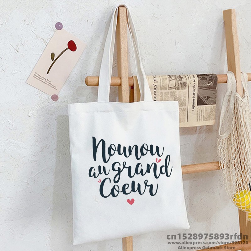 Nounou au grand coeur Sac Women Shopping Canvas Tote Bag Girl Harajuku borsa a tracolla Ulzzang femminile