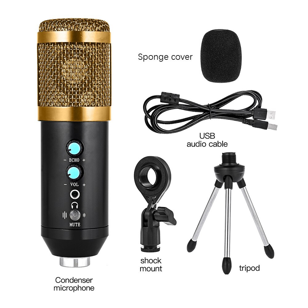 USB Condenser Microphone Kit With Tripod Stand Microfone Cardioid Studio Recording Live KTV Karaoke Microphone for PC Computer: Desktop Gold