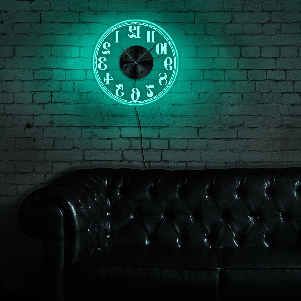 Rückwärts Wanduhr mit LED-hintergrundbeleuchtung Leucht umkehren Uhr Zauberstab Beleuchtung Wohnkultur Uhren Streiche und Knebel