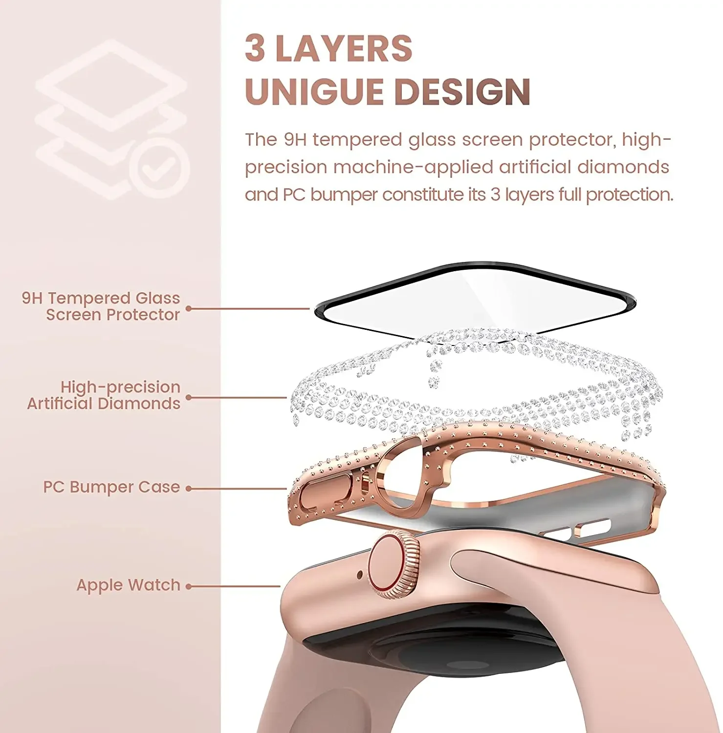 Funda de diamante con cristal templado integrado para Apple Watch, cubierta de 41mm, 45mm, 42mm, 44mm, 38mm, 40mm para IWatch Series 9, 8, 7, 6, SE 5, 4, 3