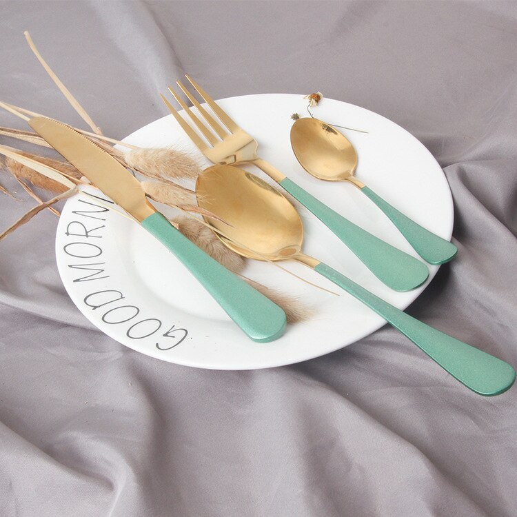Black Gold Cutlery Set 18/10 Stainless Steel Fork Spoon Knife Set Mirror Tableware Set Portable Kitchen Spoon Silverware Set: green gold