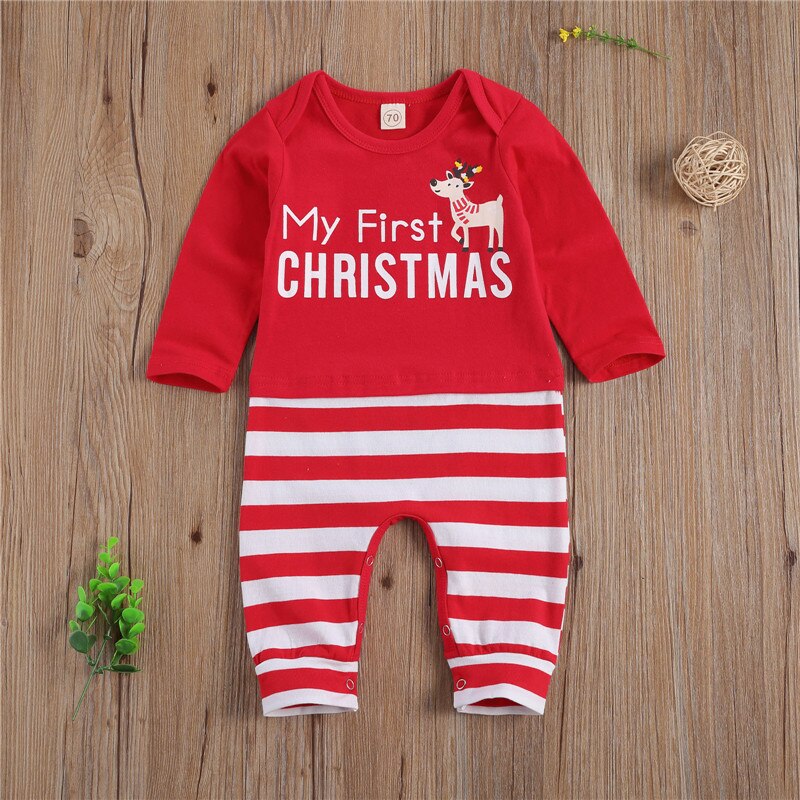 Mijn Eerste Kerst Kleding Voor Jongens Meisjes Ronde Hals Brief Cartoon Gedrukt Streep Lange Romper Jumpsuit 0-24M