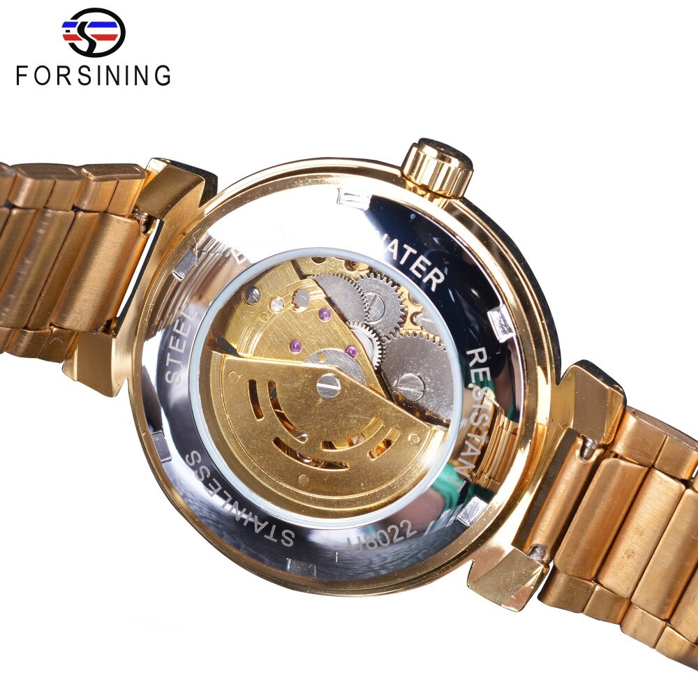 Forsining Creatieve Horloge Golden Rvs heren Horloge Topmerk Luxe Automatische Skelet Polshorloge Lichtgevende Klok