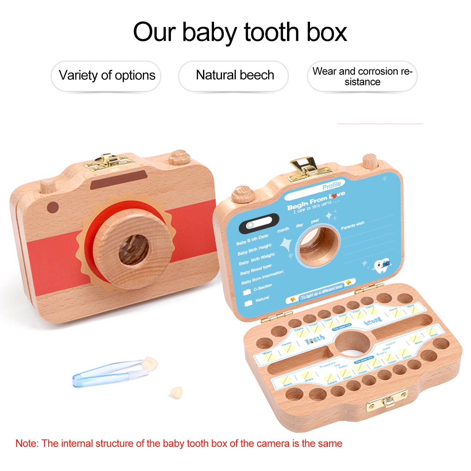 Teeth Box Camera Baby Teeth Box Wooden Children Saver Tooth Non-Toxic Environmental Friendly Fairy Box Keepsake For Boys Girls