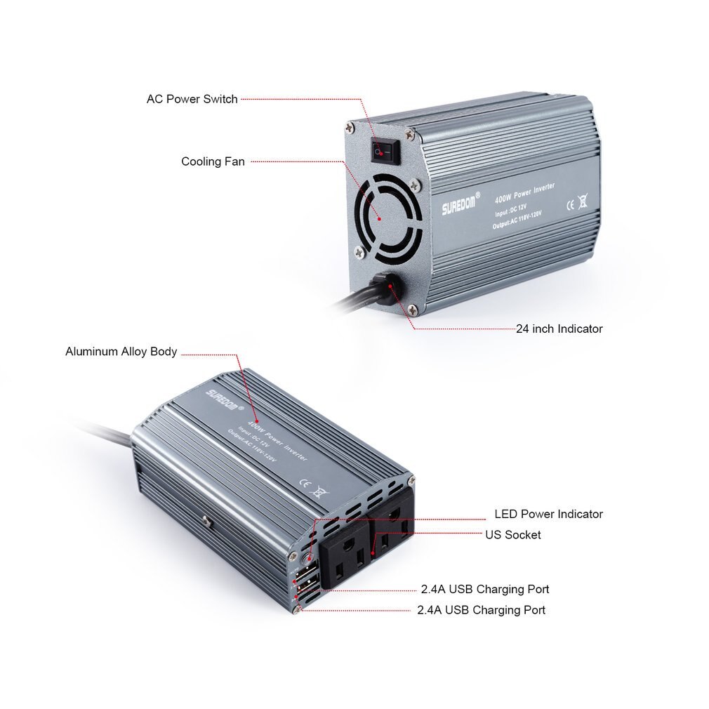 400W di Potenza Inverter Auto con 2 Prese e 2 Porte USB di Ricarica Auto Inverter Ultra Compatto per smartphone