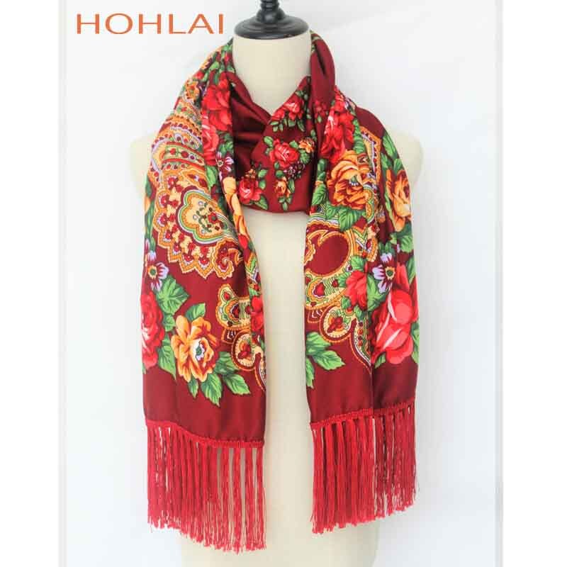 Foulard Long Femme à Franges - Imprimé Floral - Mélange Coton - Plus de 175cm: Bourgogne
