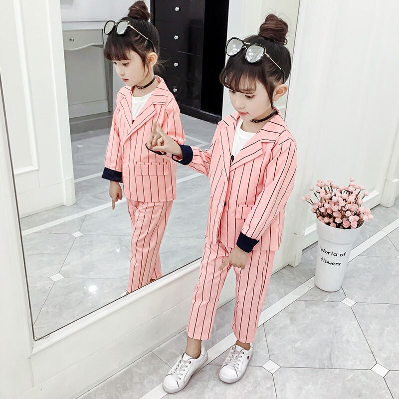 Filles Blazer costumes ensemble costume + pantalon 2 pièces fête de mariage enfants fille noir et blanc Vertical rayé Blazer ensemble pour filles 4-13
