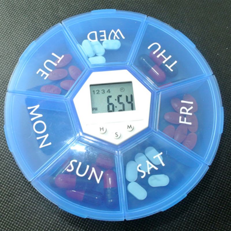 7 Grids Pill Box Electric Reminder Timer Alarm Weekly Round Organizer Medicine Case X5XC