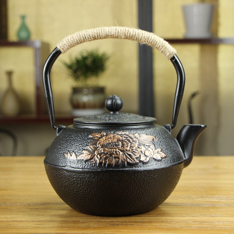 Gjutjärnskruka japansk ren handgjord järnkruka föredrar ögonbrynsspets järntekanna obestruken järnkruka clearance blomma svart 1.2l: E