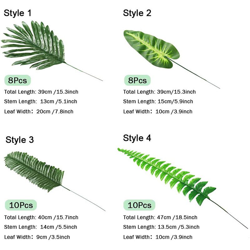 72 Pieces 7 Kinds Artificial Palm Leaves with Stems Tropical Leaves Faux Jungle Leaves for Party Decorations