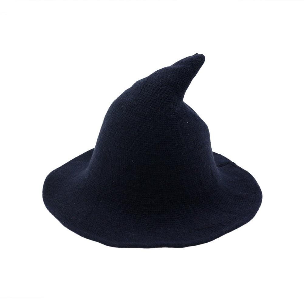 Caps Halloween Lady Wide Brim Woolen Knit Witch Hat Costume Party Cosplay Bucket Cap: Navy Blue