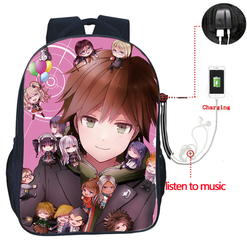 Danganronpa-mochila con carga USB para hombre y mujer, morral escolar de , bolso de viaje a la , mochila bonita para estudiantes: 4