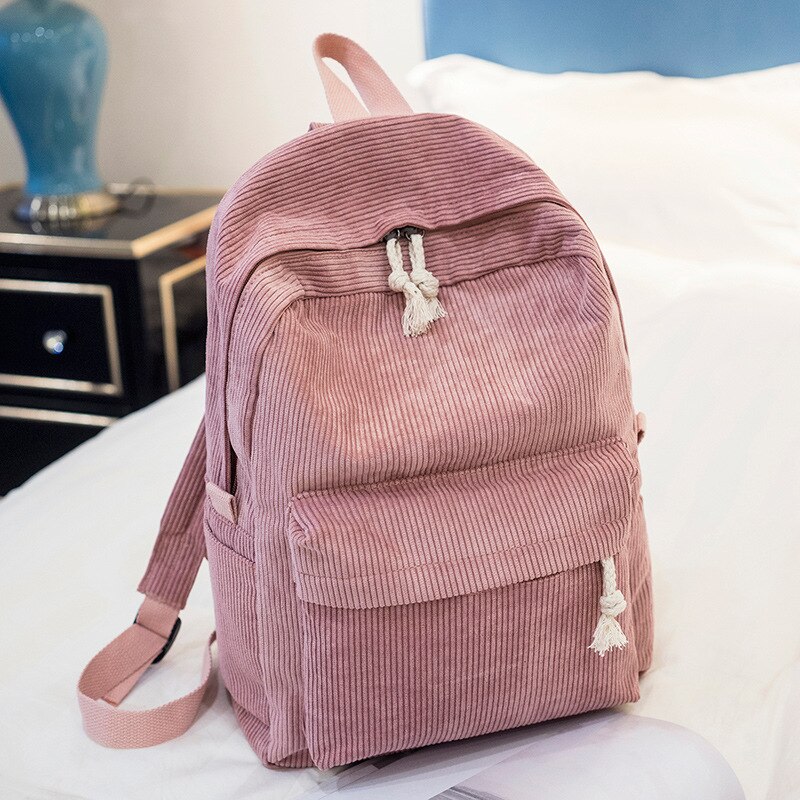 Preppy stil blødt stof rygsæk kvindelig fløjlsskuldertaske skoletaske til teenagepiger stribet rygsæk til kvinder: Lyserød