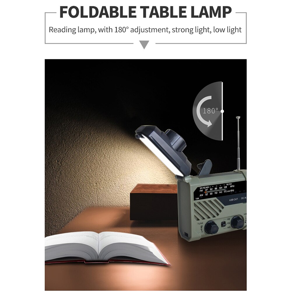 Hand-Cranked Power Generation Emergency Disaster Prevention Multi-Function Flashlight Radio Solar 2000mAh Power Bank for Outdoor