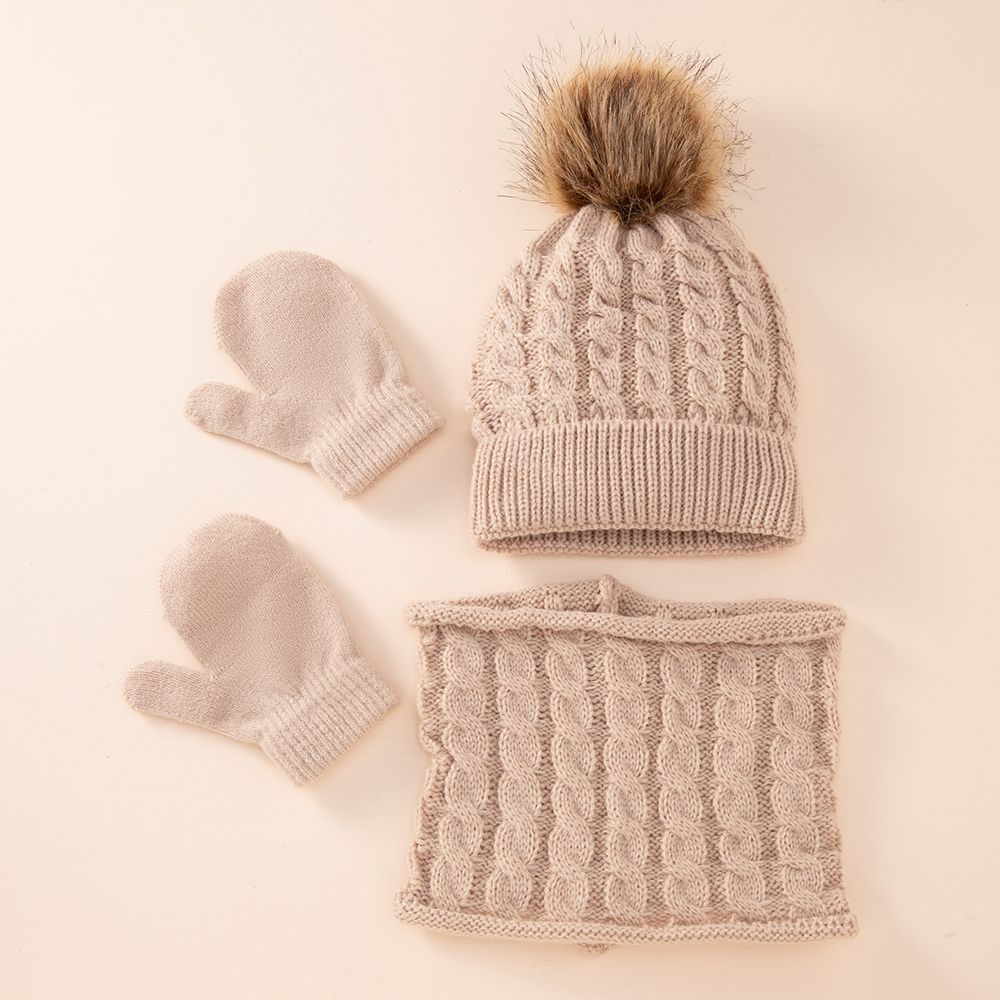 3Pcs/Set Cute Hat Scarf Gloves Set Solid Color Cotton Caps Winter Warm Accessories For Kids 0-3 Years Boys Girls Children: khaki