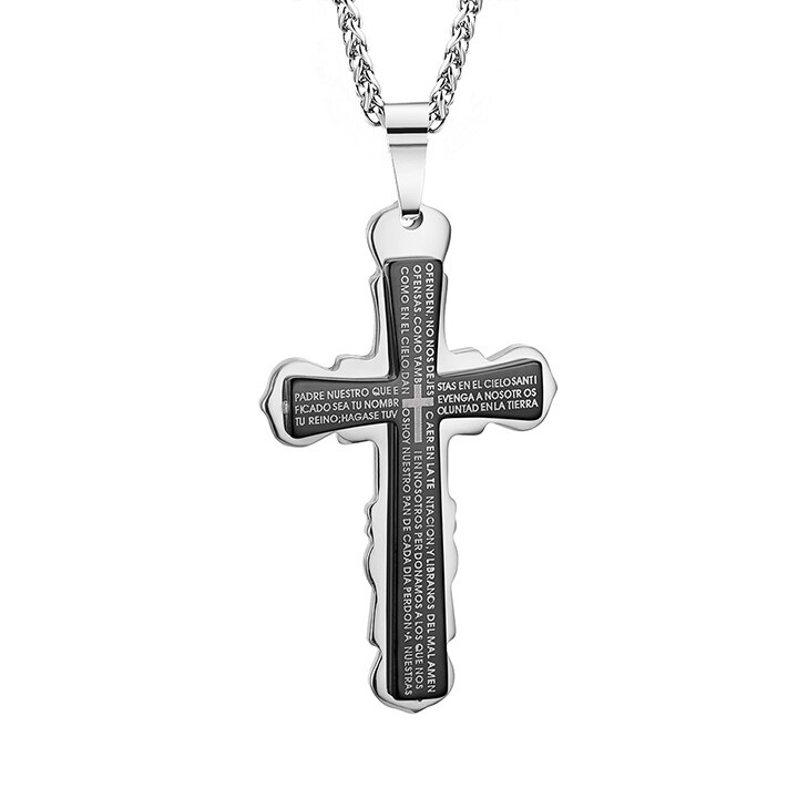Collares y colgantes de doble capa con Cruz para hombres, Cadenas de Metal con cuerpo de acero inoxidable, joyería para niños, modelo MN209: Black Silver Tone