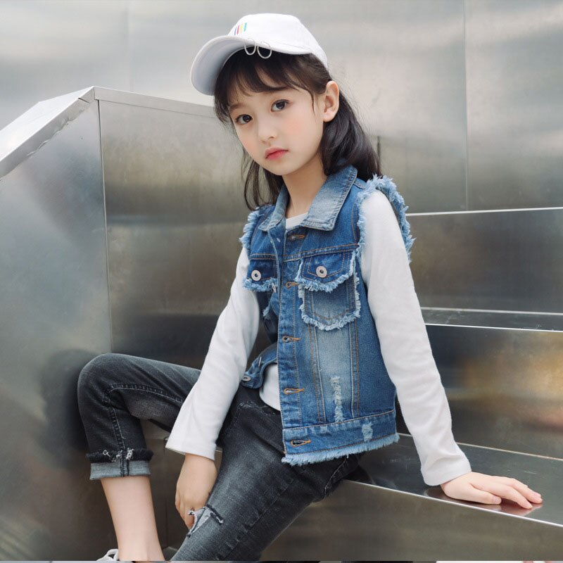 Spring Girls Vests Causal Sleeveless Kids Jacket for Girls Ripped Girls Denim Vests Coat DQ970