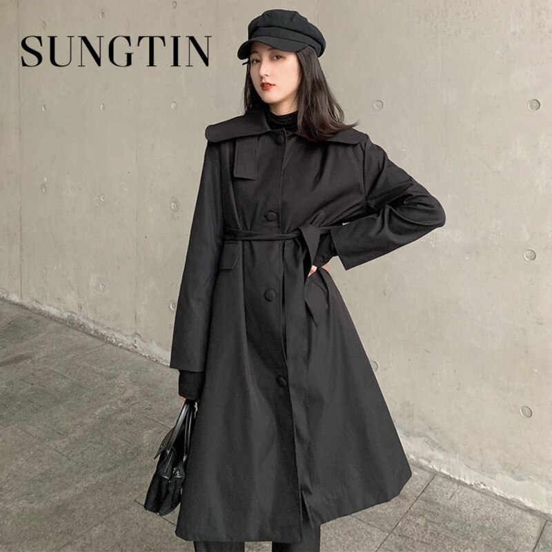 Sungtin – Trench-Coat noir ample et surdimensionné pour femme, manteau à manches longues décontracté et pour le bureau, couleur unie, vêtement d'extérieur pour petit ami