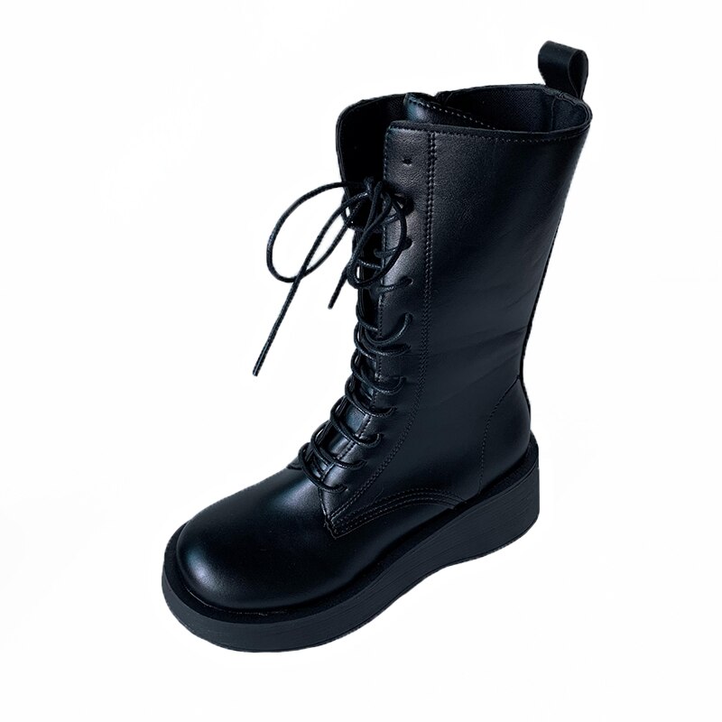 Botas para mujer de punta redonda con cordones, zapatos de otoño, calzado de invierno, Lolita, goma, media pantorrilla, Rock, Roma,