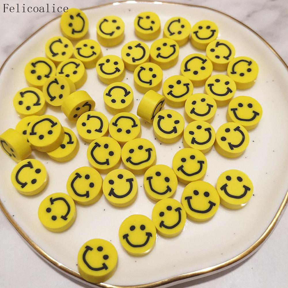 100 pièces Slime bijoux à bricoler soi-même perles Bracelet accessoires perles en bois dessin animé sourire visage fruits avec imprimé pour collier fabrication à la main: 100pcs smile face