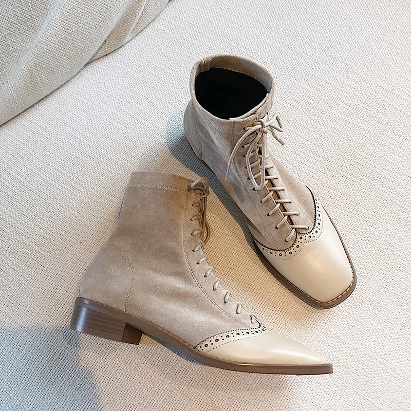 Ins dam ankelstövlar flock+kohud snörning utomhus tossor europa och amerika online kändis boots kvinnor brogue boots