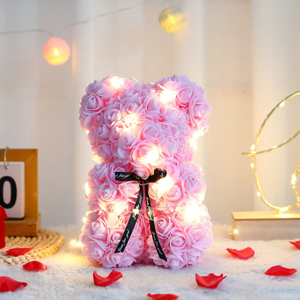 Oso de flor rosa de peluche Artificial de 25cm con caja, romántico del Día de San Valentín, suministros para de boda y aniversario para novia y mujer: Gris