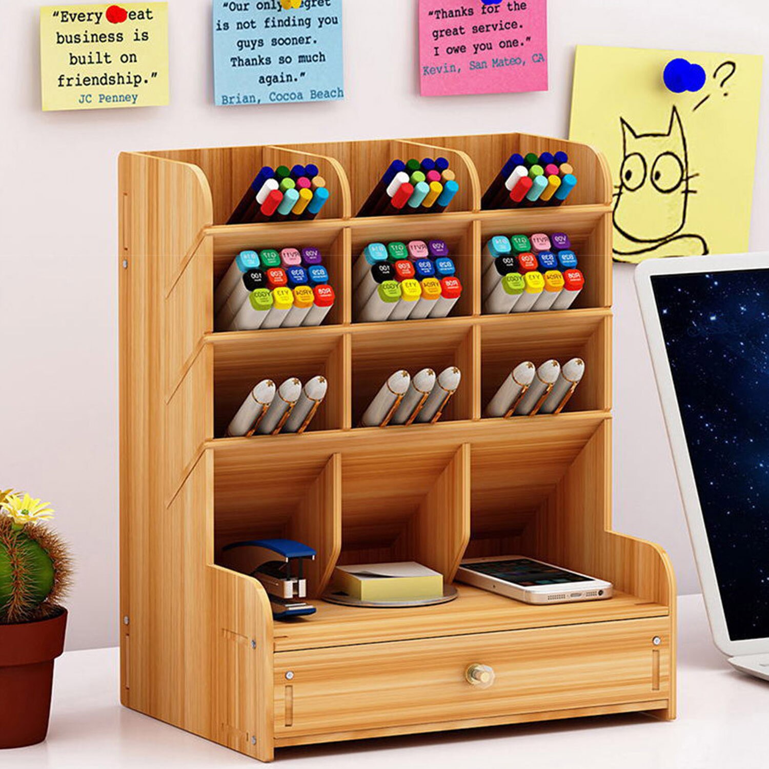 Træ skrivebord arrangør multifunktionel diy pen blyant farveblyant holder opbevaringsboks med skuffe til kontorskoler til hjemmet: Gul