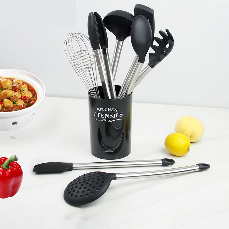 Silikon kjøkkenutstyr sett varmebestandig bakeredskap slikkepott spade suppeskje med trehåndtak non-stick kokekar