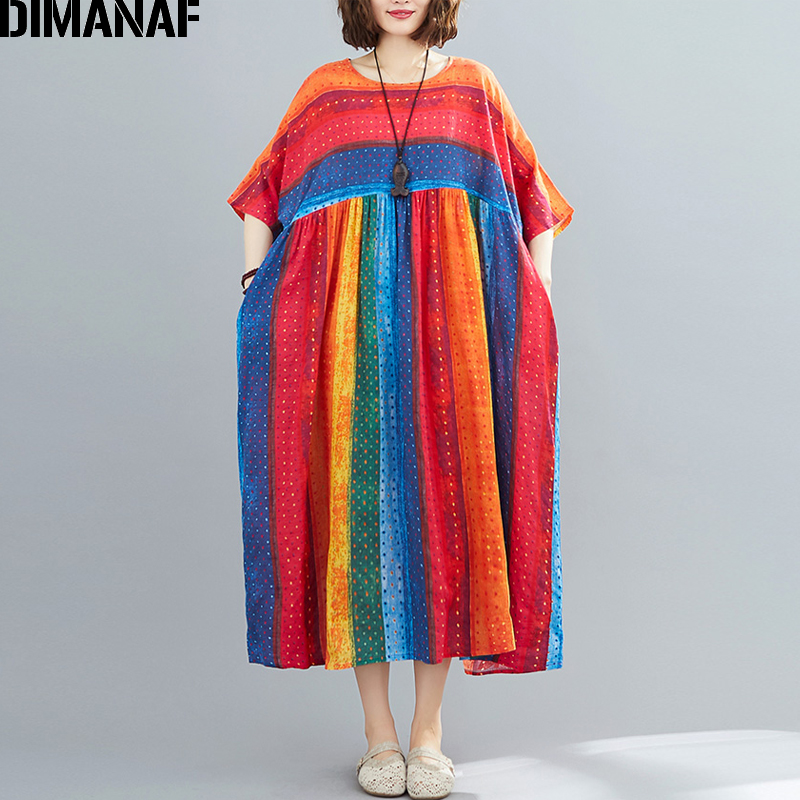 Dimanaf verão vestido de impressão oversize roupas femininas vestido de verão praia férias casual senhora vestidos algodão solto plus size 5xl 6xl