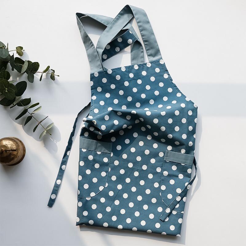 Women Girls Cotton Work Cloth Adult Kitchen Cooking Cleaning Apron 2 Pockets Cute Striped Wave Point Uniforms Delantal Tablier: Polka dot blue