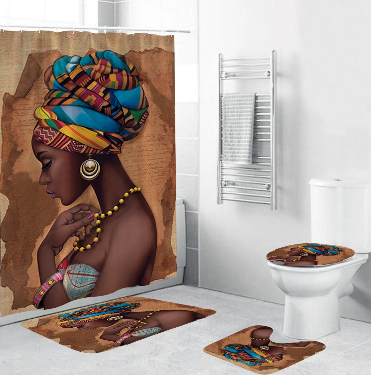 Set di tende da doccia con stampa donna africana nobile Sexy Afro American Lady decorazioni per il bagno con tappeto antiscivolo coperchio del coperchio del water tappetino da bagno: C 4PCS
