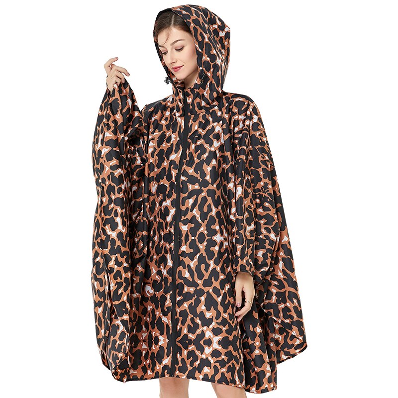 Poncho impermeable para la lluvia para mujer, capa impermeable portátil con capucha y cremallera, para senderismo, turismo y ciclismo: Leopard print / L