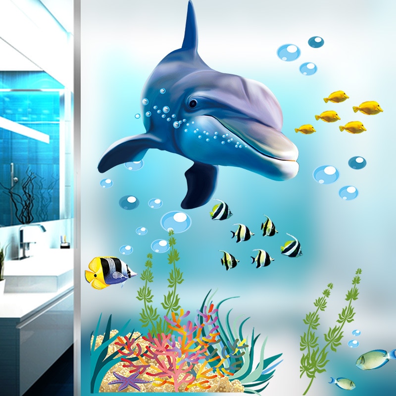 Cartoon onderwaterwereld dolfijnen dieren Muursticker kinderen kamers Decals slaapkamer nursery Glas windows home decor stickers