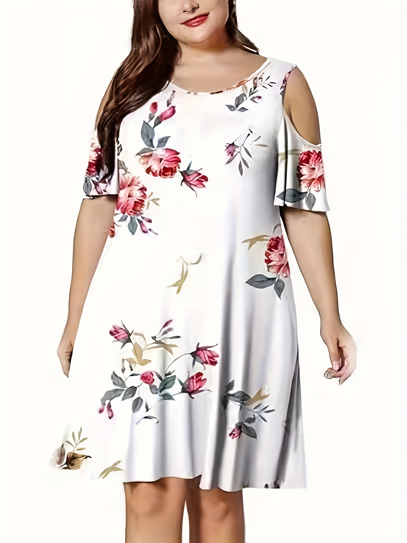 Plusstorlekar damklänning med rund hals och off-shoulder-tryck i stor storlek för kvinnor: 1xl / Vit