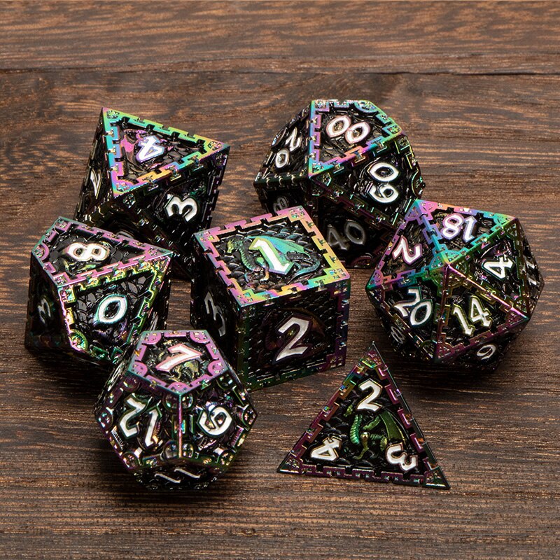 Set di dadi Dnd arcobaleno nero 7 pezzi RPG D &amp; D D + D dadi in metallo poliedrico prigione e drago D20 D12 D10 D % D8 D6 D4 gioco di ruolo