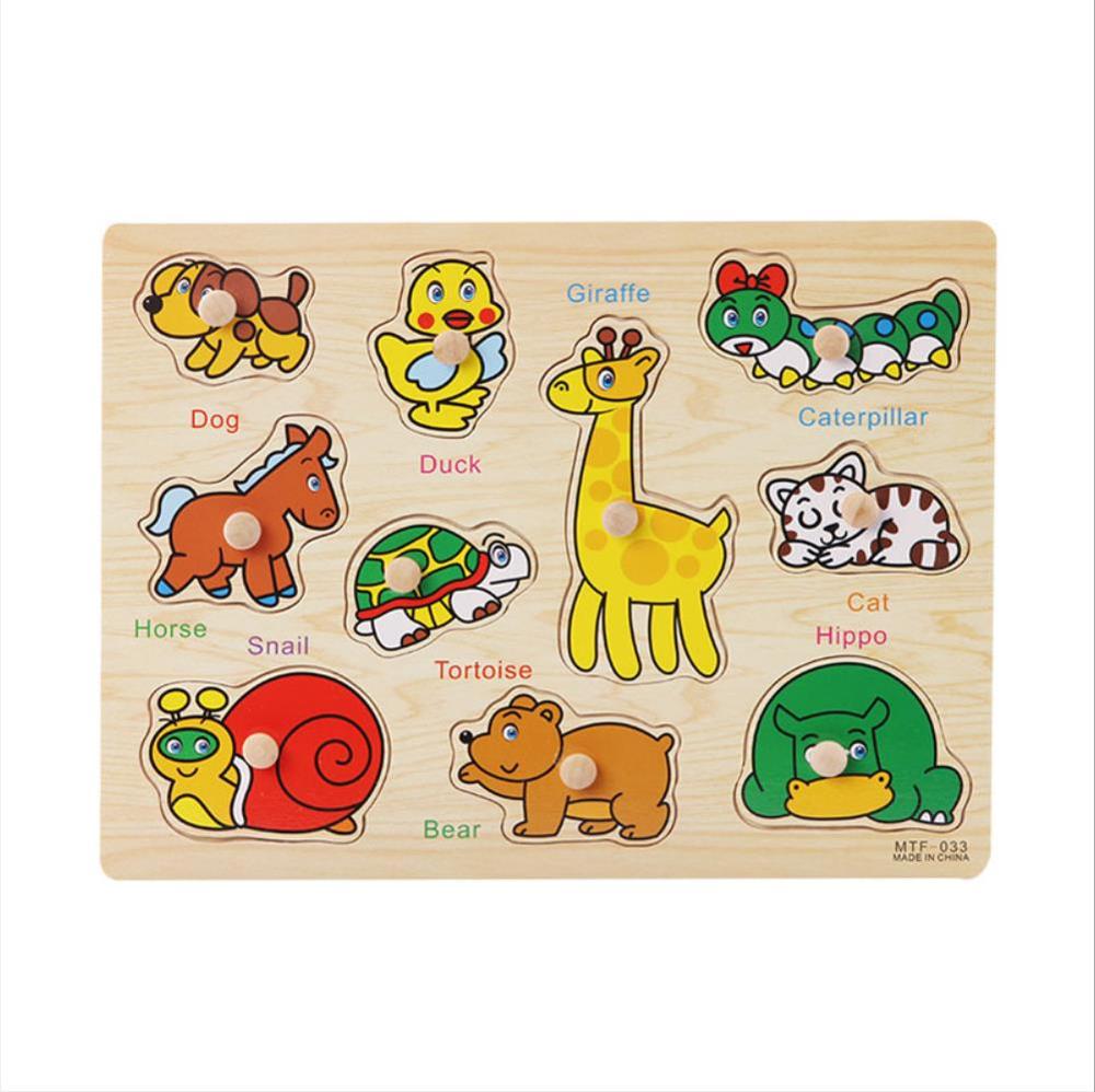 Pegs Style 3D Kids Wooden Puzzel Toys Animal Traffic Letter Life And Vegetables Graphic Intelligence Development Toys: animal