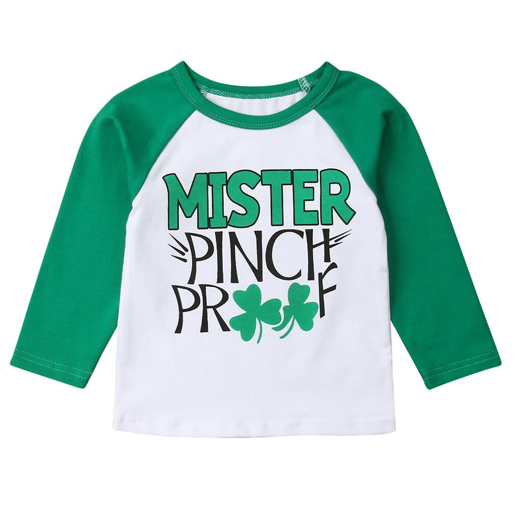 Zomer Baby Jongens Meisjes Tops Mister Pinch Proof Brief Gedrukt Lange Mouwen Tee Trui Groene St. Patricks Day Kostuum: 12m