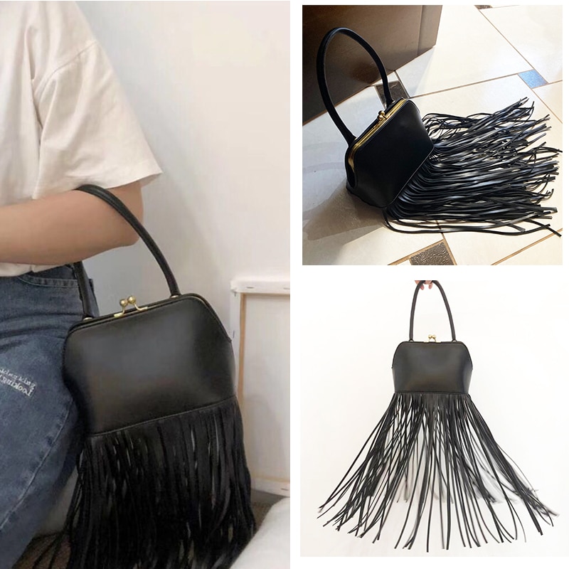 Brass Golden Metal Frame Women Handbags Long Tassel Crossbody Hand Purse Black Shell Top Handle Fringe Bags Shoulder Bag Female