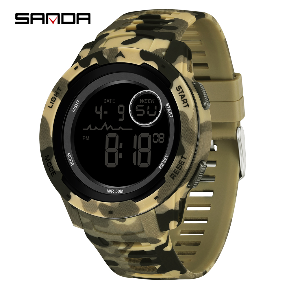 SANDA 2185 elektronische Uhr, beliebte Tarnung, Militärstil, Kühler Trend, Wecker, multifunktionale elektronische Herrenuhr: verrotten