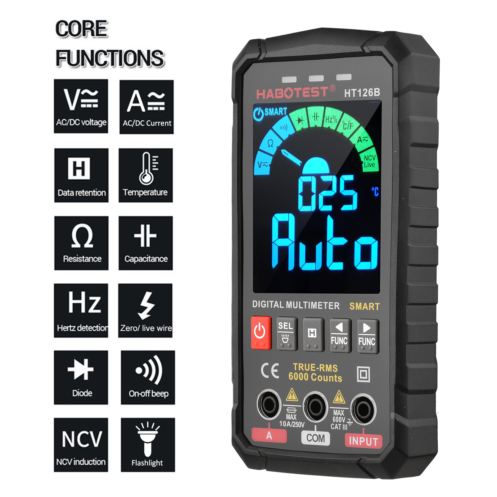 HABOTEST – multimètre numérique intelligent HT126B, écran couleur VA, testeur électrique, voltmètre ammètre, 6000 comptes, True RMS, Auto-plage