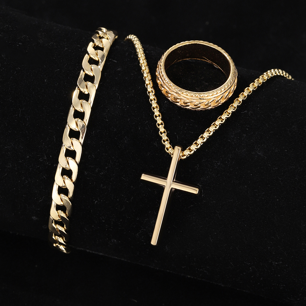 3 piezas hombres personalidad Simple negro acero inoxidable no se decolora Cruz collar anillo pulsera conjunto Accesorios