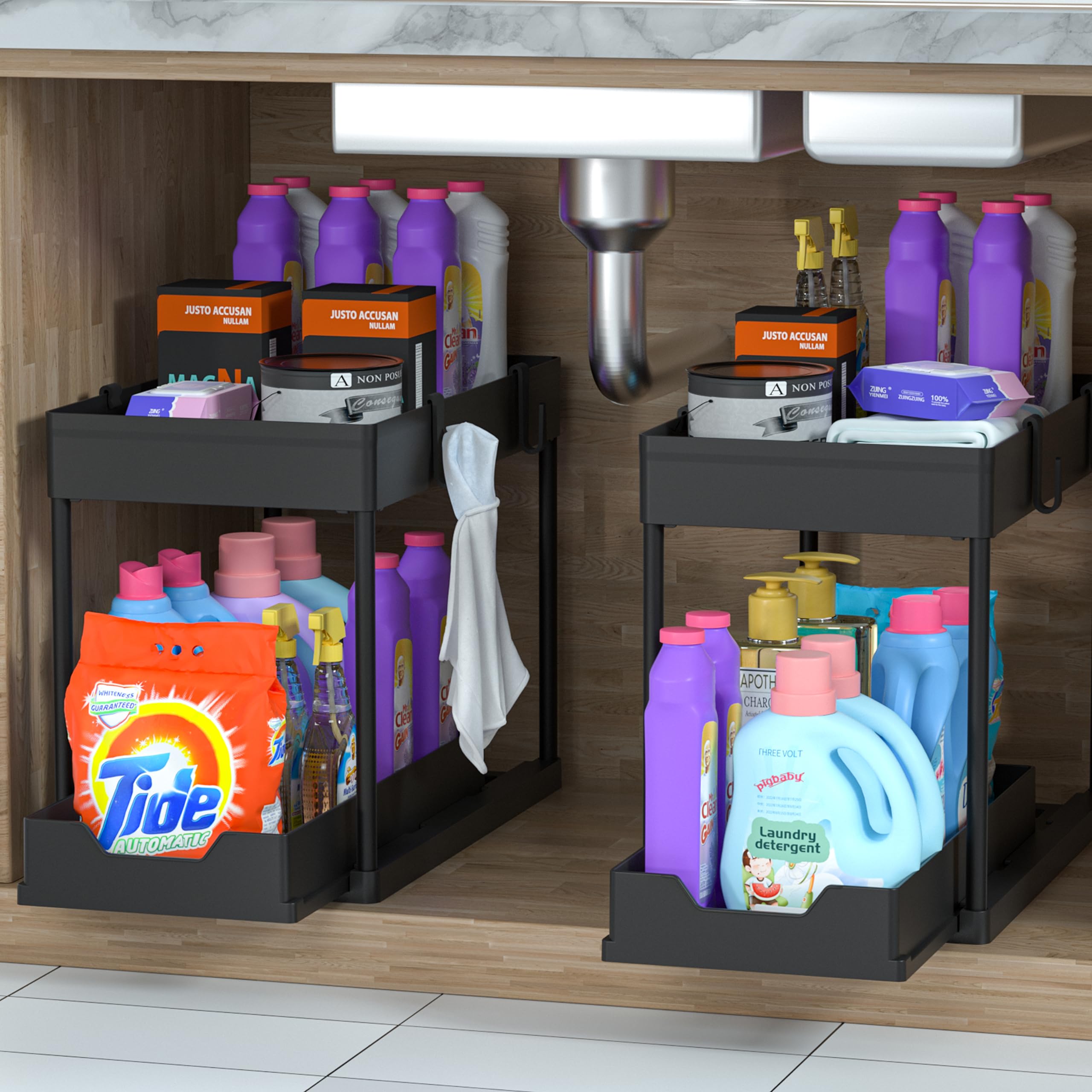 2-Tier Uittrekbare Kast Lade Organizer - 304 Roestvrij Stalen Draad Mand Schuif Plank Opslag voor Keuken Base Kast Kast Pantry Heavy Duty Telescopische Organizer