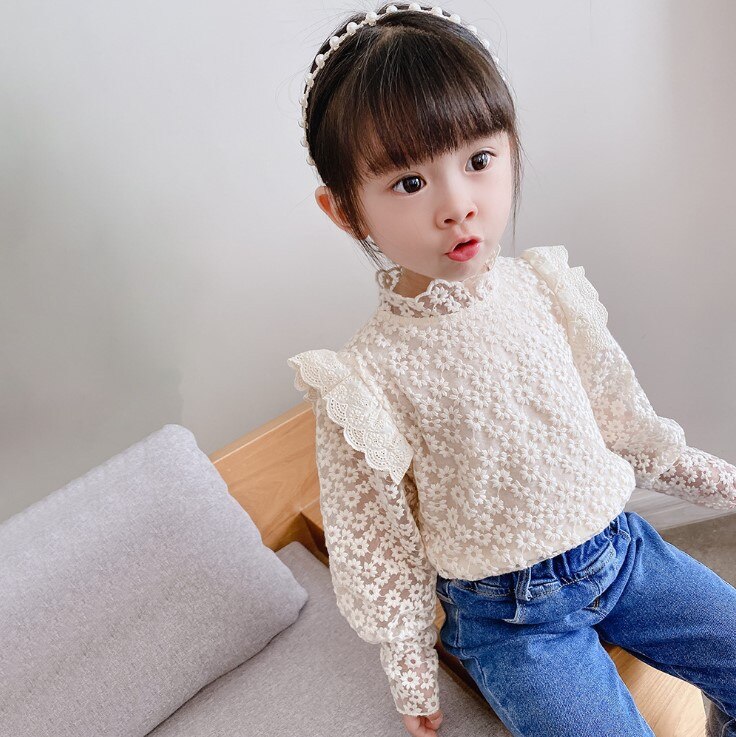2022 Spring New Korean Girls Cute Slim Lace T-shirt Tops White Children&#39;s Long-sleeved Princess Blouse for Girls Kids Clothes