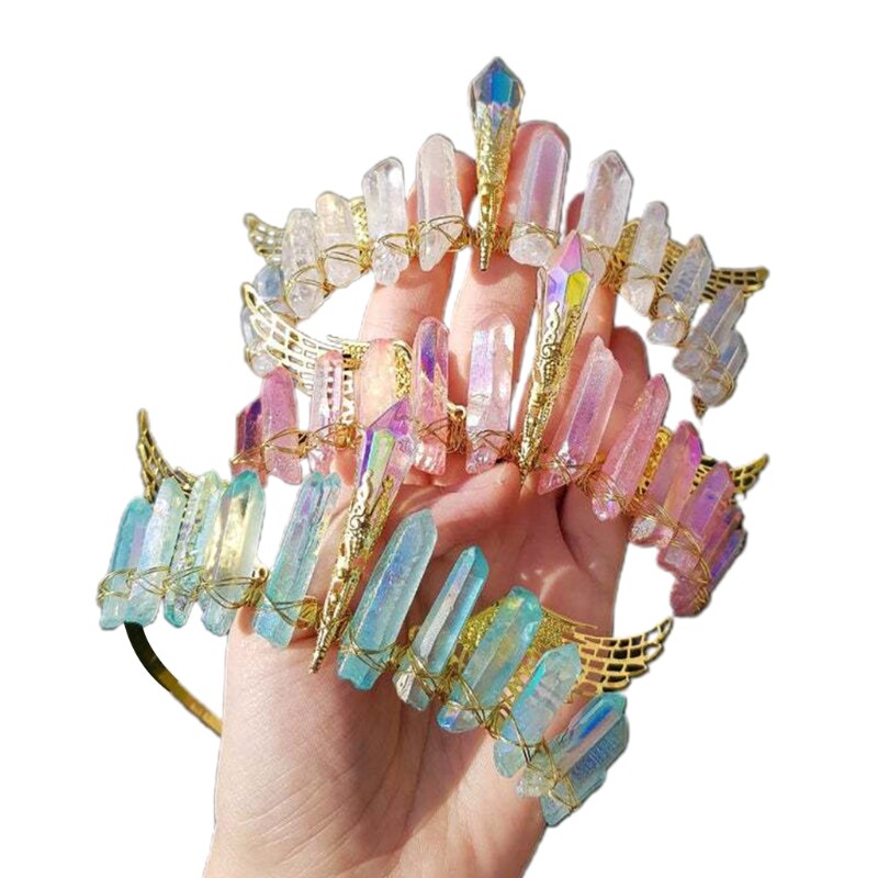 Corona de cuarzo de cristal crudo hecha a mano, diadema de Metal Vintage, ala de Ángel, diosa, Tiara, Halo, diadema antigua para boda