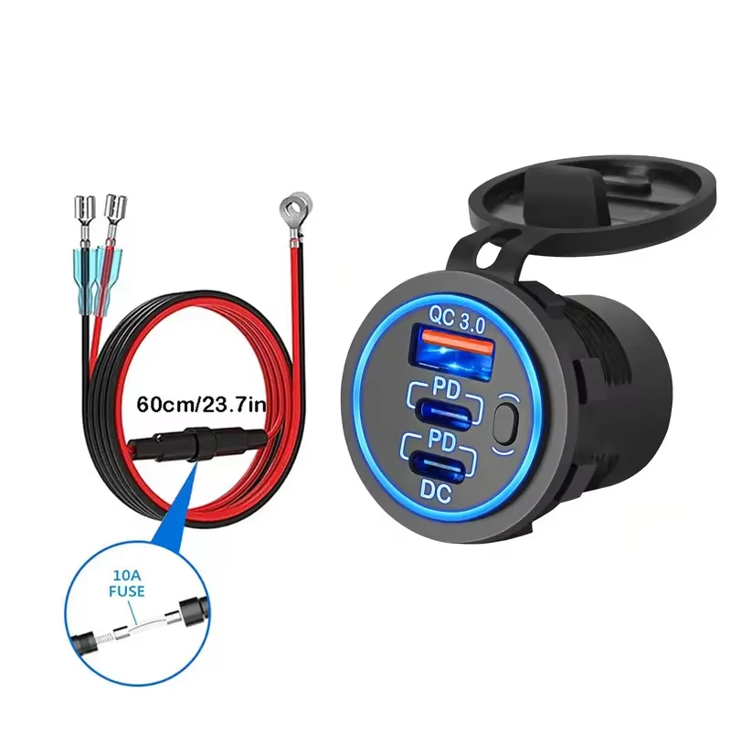 Enchufe de cargador de coche USB de 12V, doble puerto de 30W PD USB-C USB-C y 18W QC3.0, accesorios de cargador de coche para coche, RV, barco, camión marino y motocicleta: Blanco