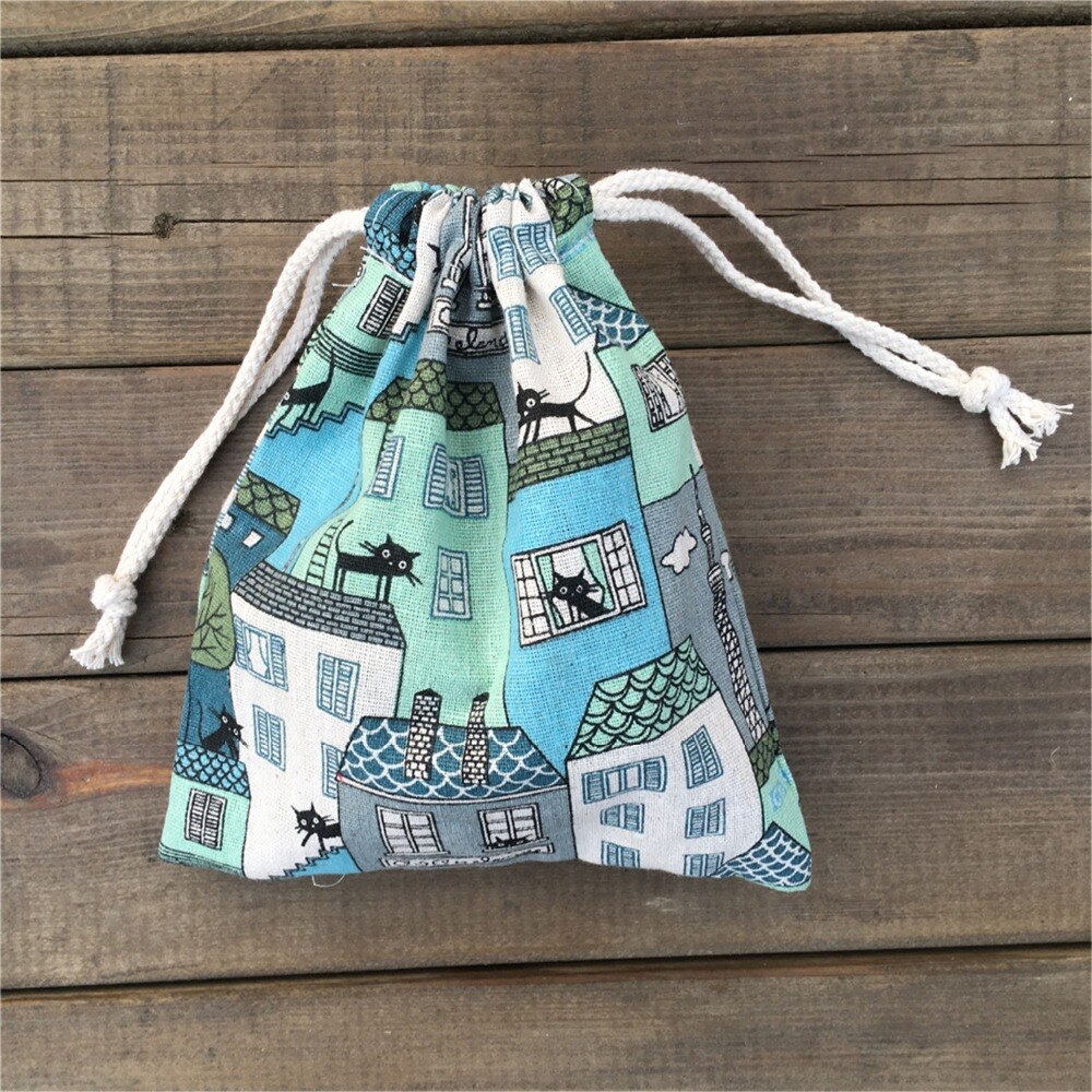 YILE 1pc Cotton Linen Drawstring Pouch Party Bag Print Black Cat House Blue YL812d