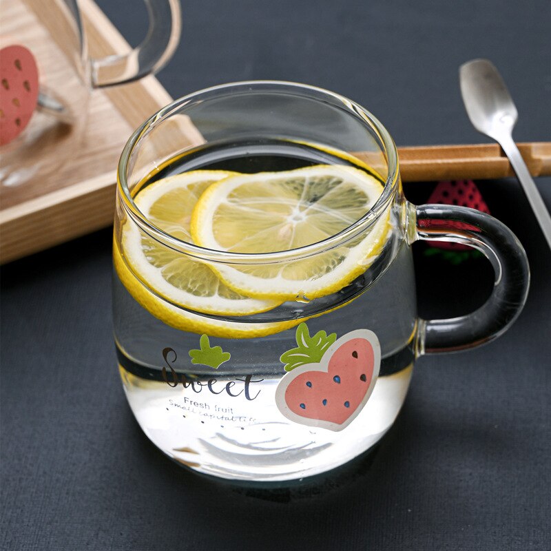 Cute Pastoral Style Glass Cups with Milk Breakfast Mug Office Flower Tea Cup Cold Drink Juice Mug: Pink Strawberry