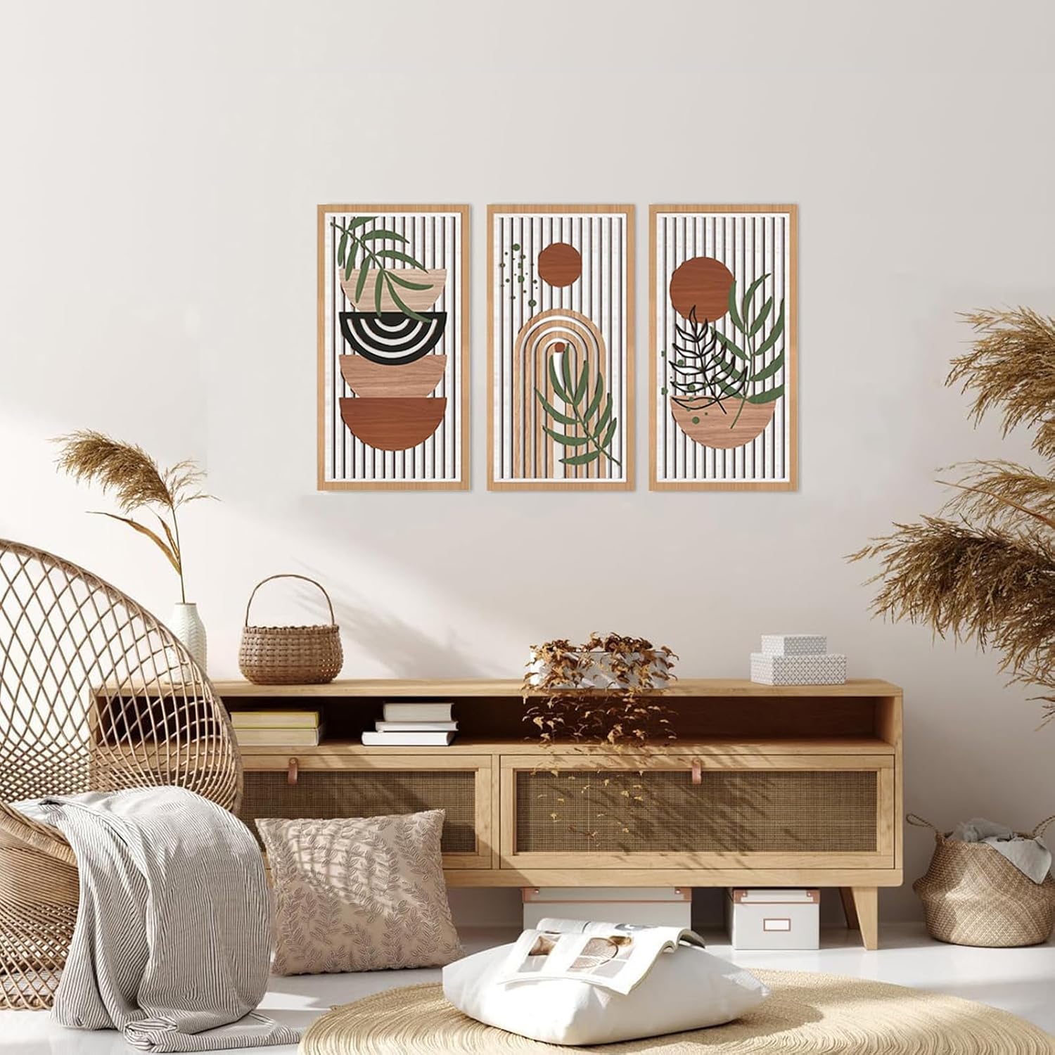 3 pezzi di arte da parete in legno bohémien, arredamento multiuso per camera da letto, soggiorno e ufficio, decorazione da appendere alla parete, piatto 2D