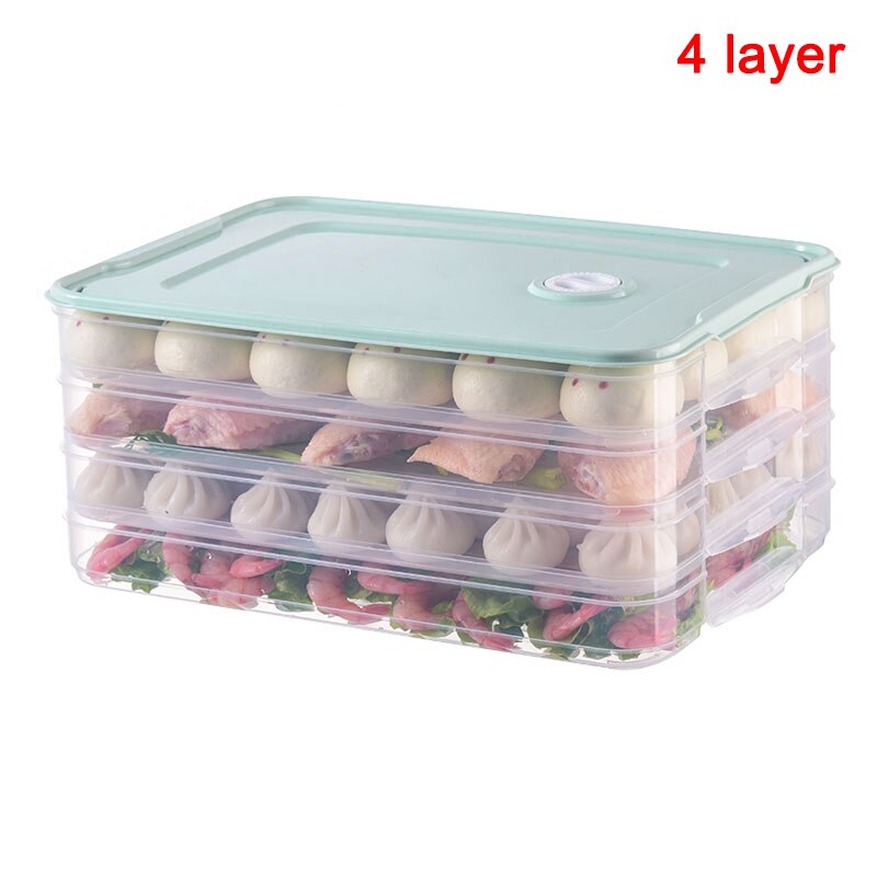 Container Airtight Food Preservation Tray Refrigerator Dumplings Storage Organizer Box with Lid FAS: green-4 layers