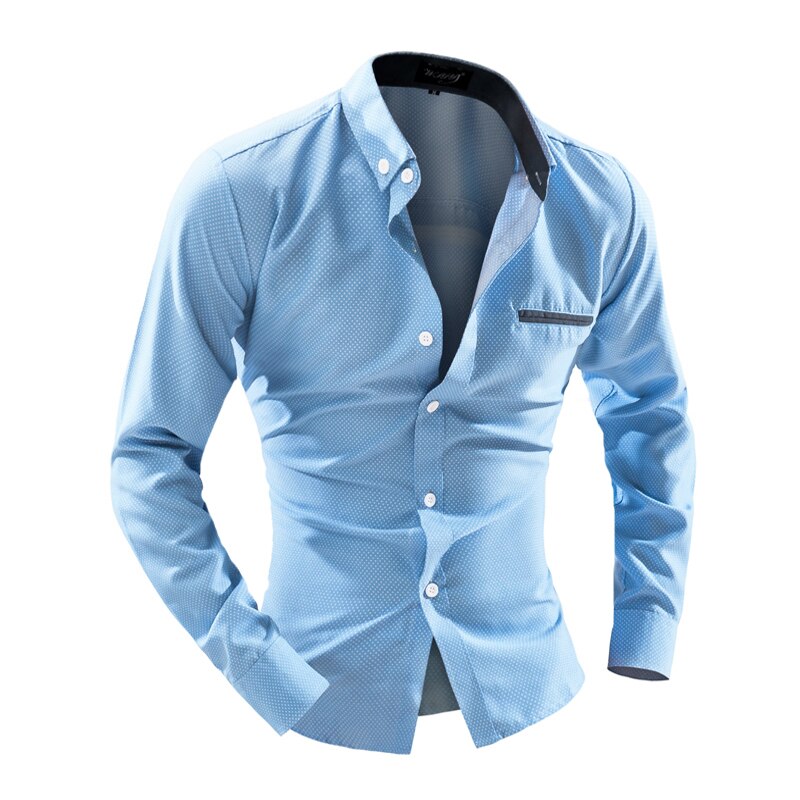 Printed Plaid Polka Dot Men Shirt Long Sleeve Casual Shirts For Men Slim Fit Male Dress Shirts Camisas Masculina Work Wear: Sky Blue / L